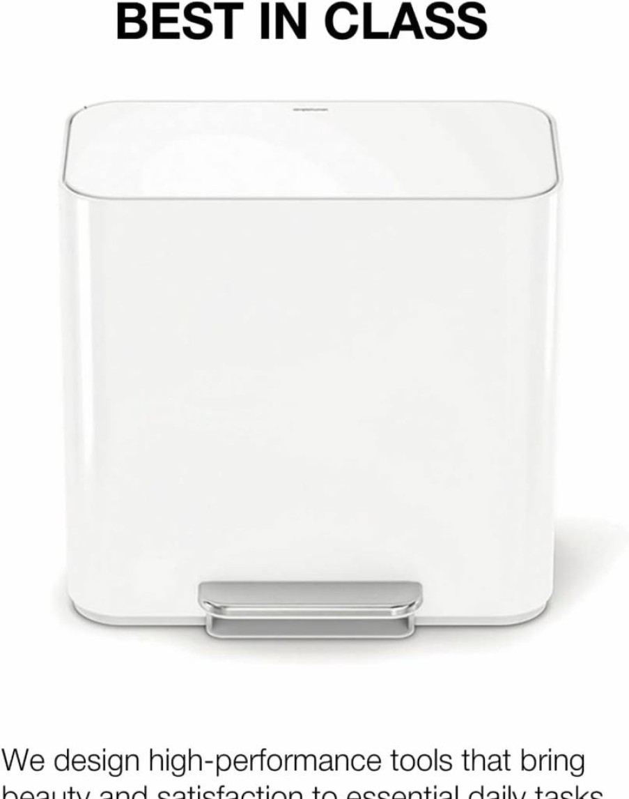 Simplehuman 15L Dual Compartment Step Trash Can, White Steel Mini Recycling Bin for Office, Hotel & Small Spaces