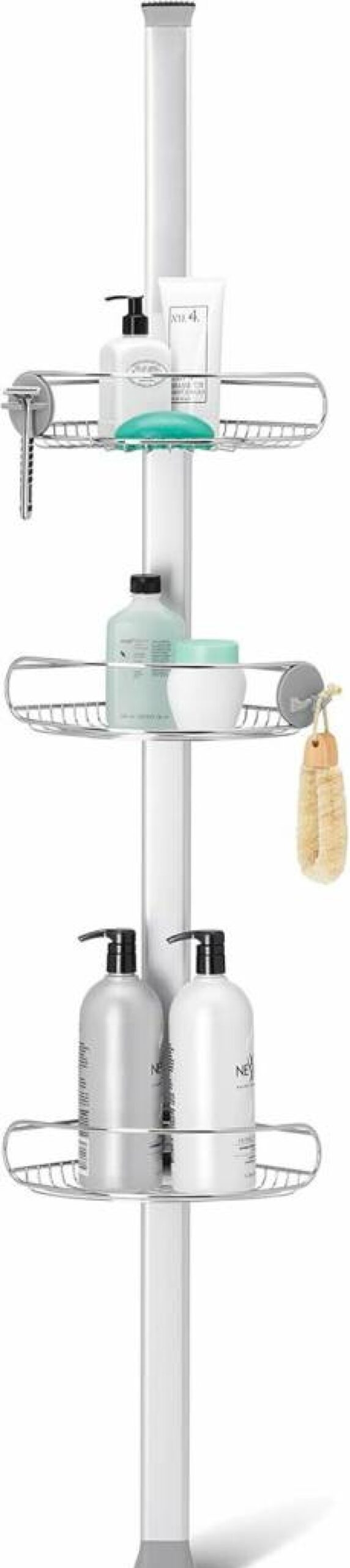 Simplehuman 8-Foot Adjustable Tension Pole Shower Caddy - Stainless Steel & Anodized Aluminum Organizer for Bathroom Storage