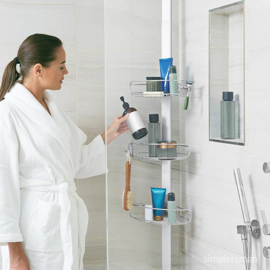 Simplehuman 8-Foot Adjustable Tension Pole Shower Caddy - Stainless Steel & Anodized Aluminum Organizer for Bathroom Storage