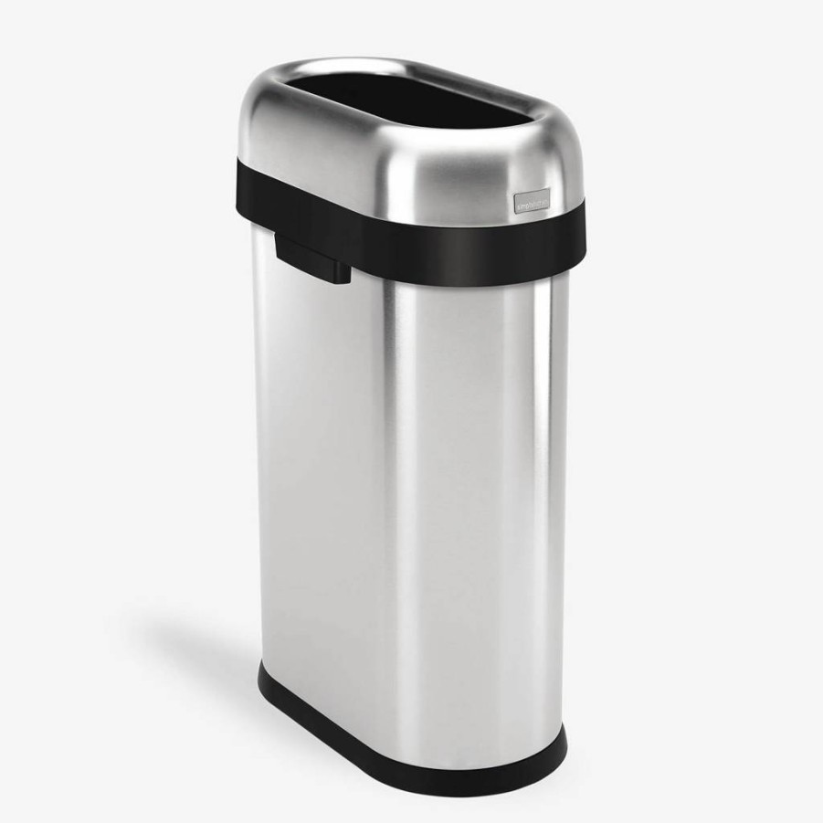 Simplehuman 60L / 16 Gal Commercial Stainless Steel Trash Can with Open Top – Heavy Duty Brushed Metal Design