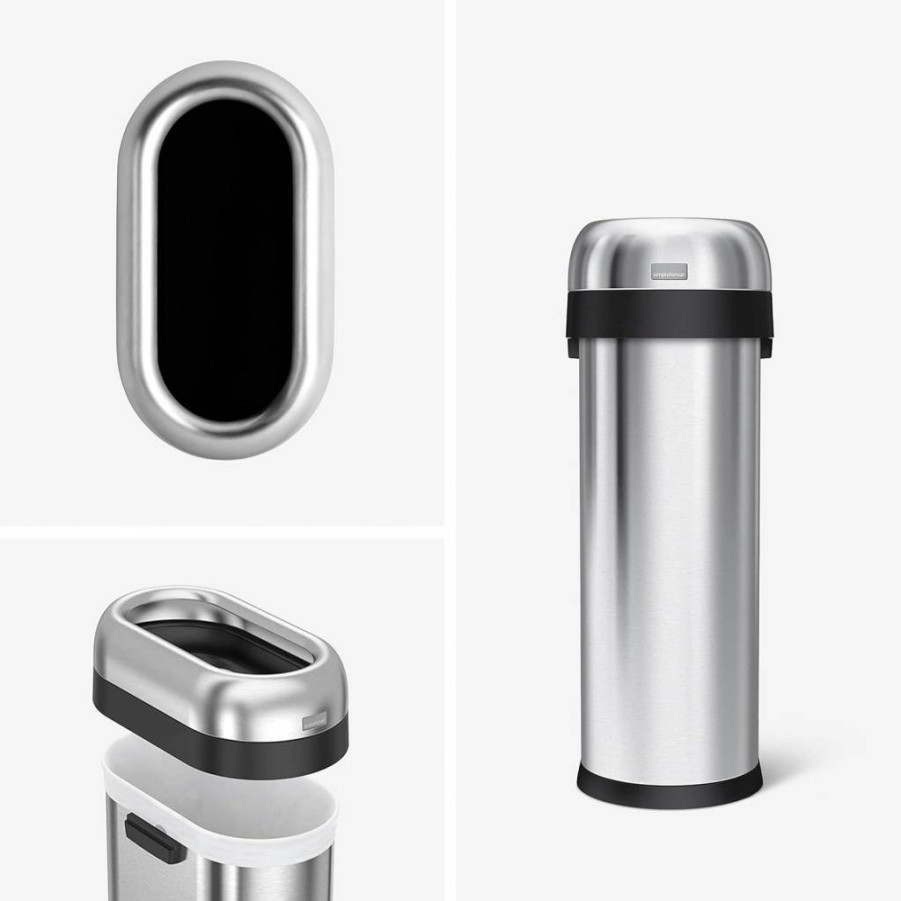 Simplehuman 60L / 16 Gal Commercial Stainless Steel Trash Can with Open Top – Heavy Duty Brushed Metal Design