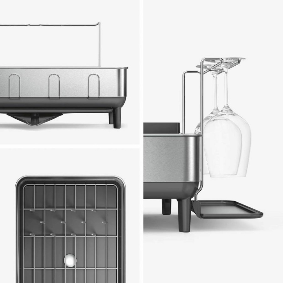 Simplehuman Large Dish Drying Rack with Stainless Steel Frame, 360° Swivel Spout, Utensil Holder, Anti-Residue Coating – Matte Black