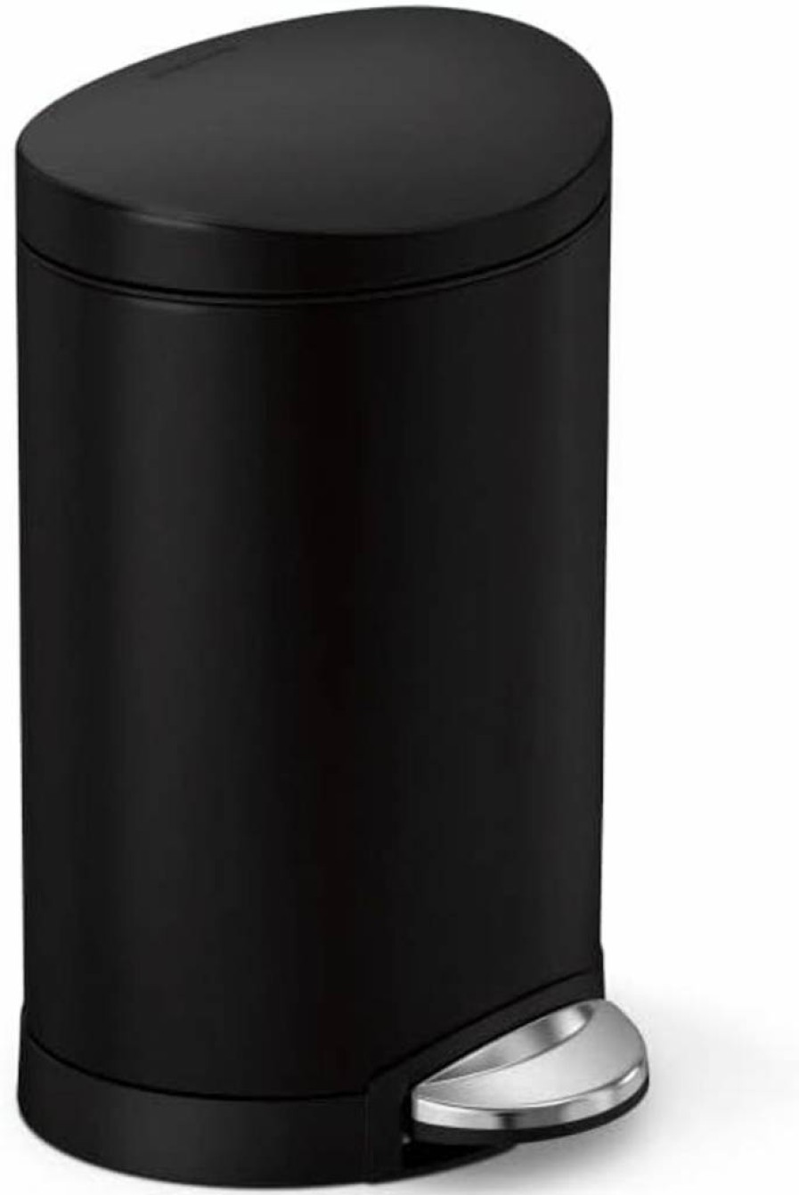 Simplehuman 1.6 Gallon Semi-Round Step Trash Can for Bathroom - Matte Black Alloy Steel & Plastic Waste Bin