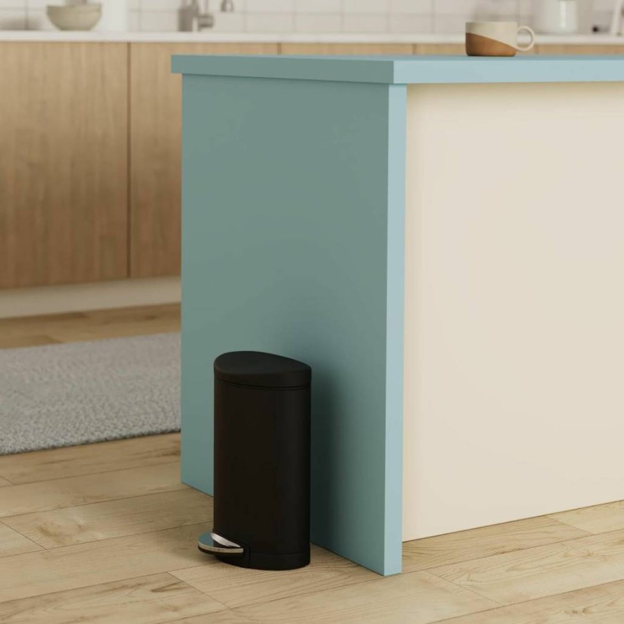 Simplehuman 1.6 Gallon Semi-Round Step Trash Can for Bathroom - Matte Black Alloy Steel & Plastic Waste Bin