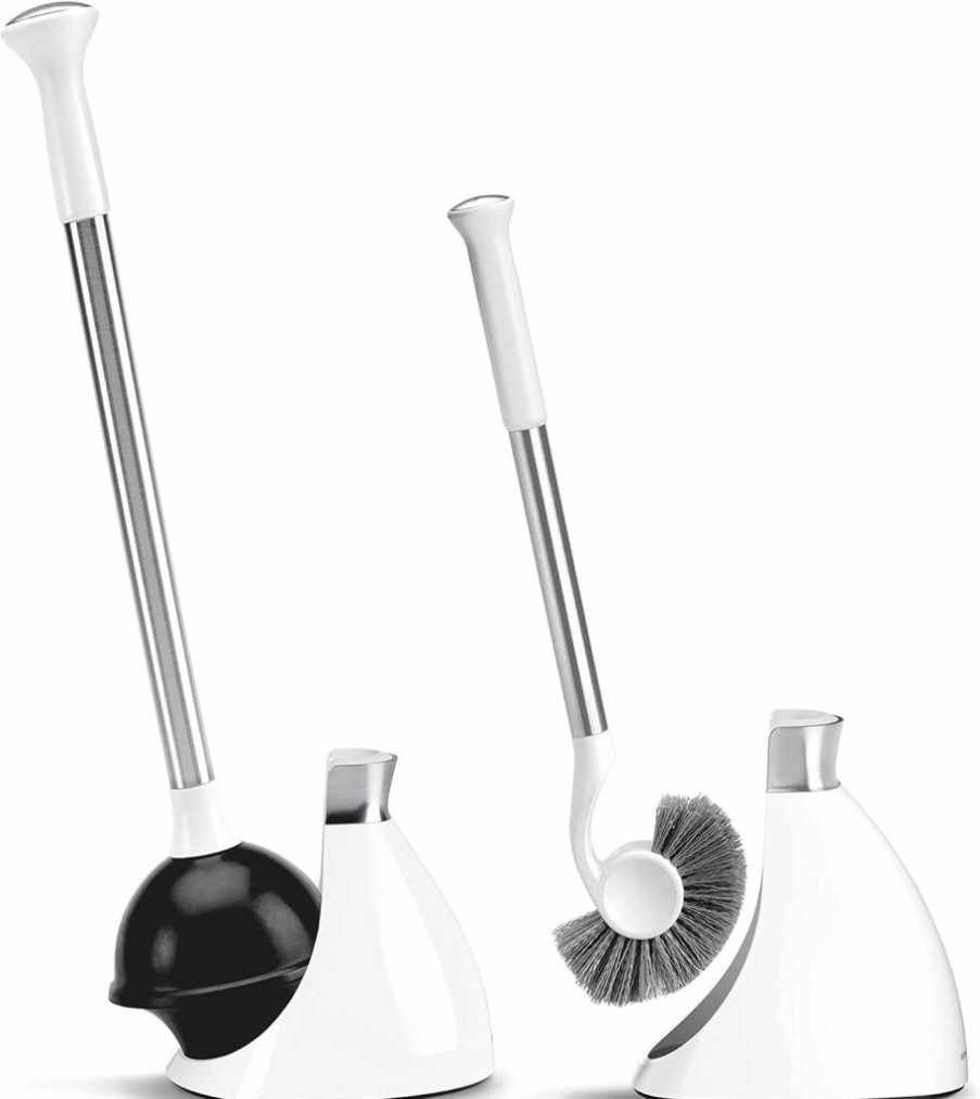 Simplehuman Stainless Steel Toilet Plunger and Caddy Set in White – Durable Bathroom Cleaning Tool