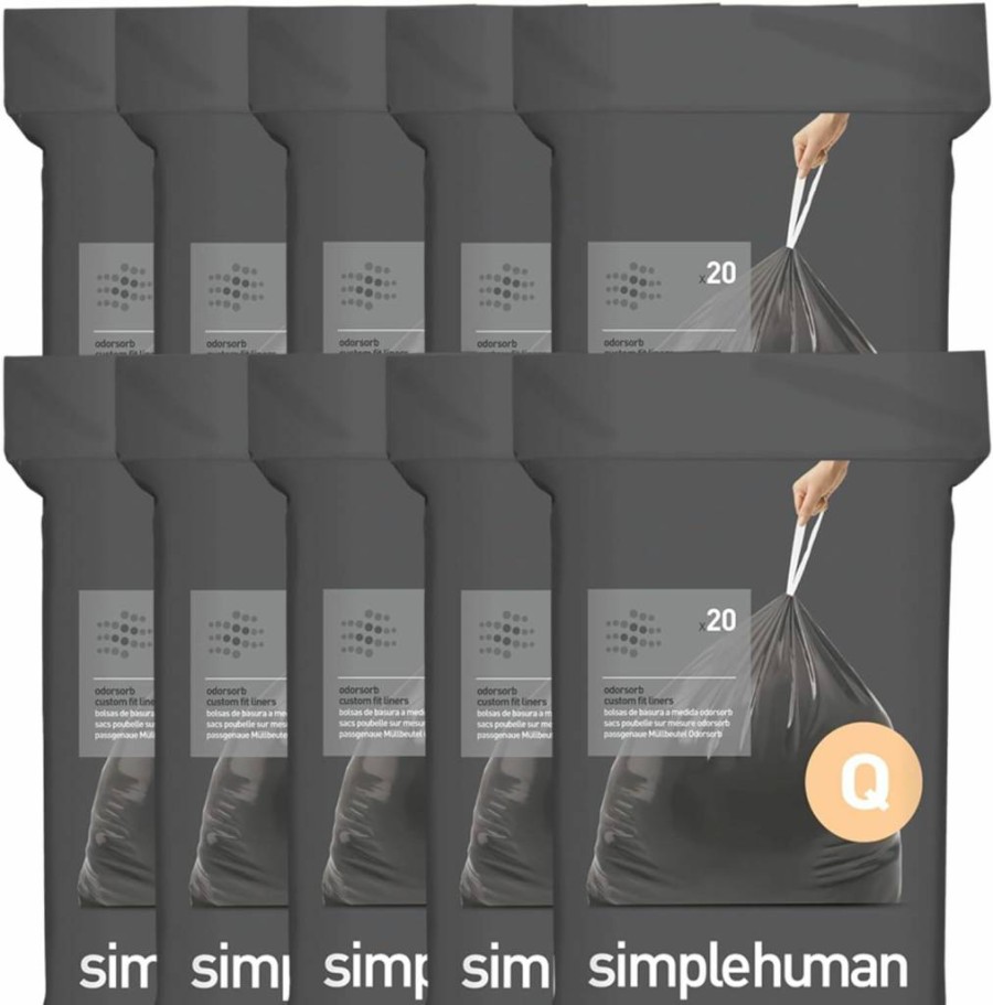 Simplehuman Code Q Genuine Odorsorb Trash Bags - 80 Count, Custom Fit Drawstring Liners for 50-65 Liter / 13-17 Gallon Bins, Odor Absorbing Dispenser Packs