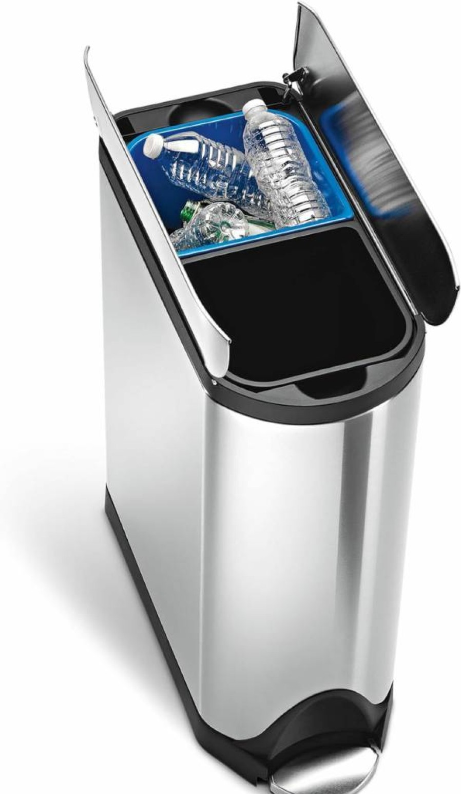 Simplehuman 40L Dual Compartment Step Trash Can with Butterfly Lid, 10.6 Gallon Kitchen Recycling Bin in Brushed Stainless Steel