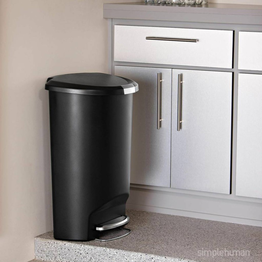Simplehuman 13 Gallon Black Semi-Round Step Trash Can with Secure Slide Lock, 50 Liter Kitchen Waste Bin