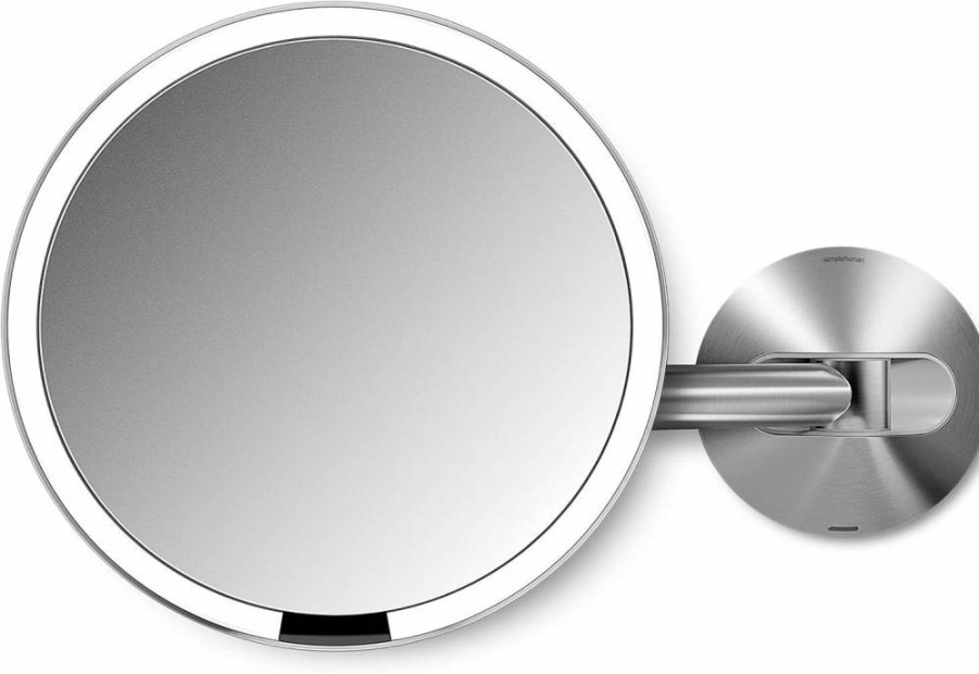 Simplehuman 8" Wall Mount Makeup Mirror with Sensor Light, 5X Magnification, Swing Arm, Brass Stainless Steel, Hardwired