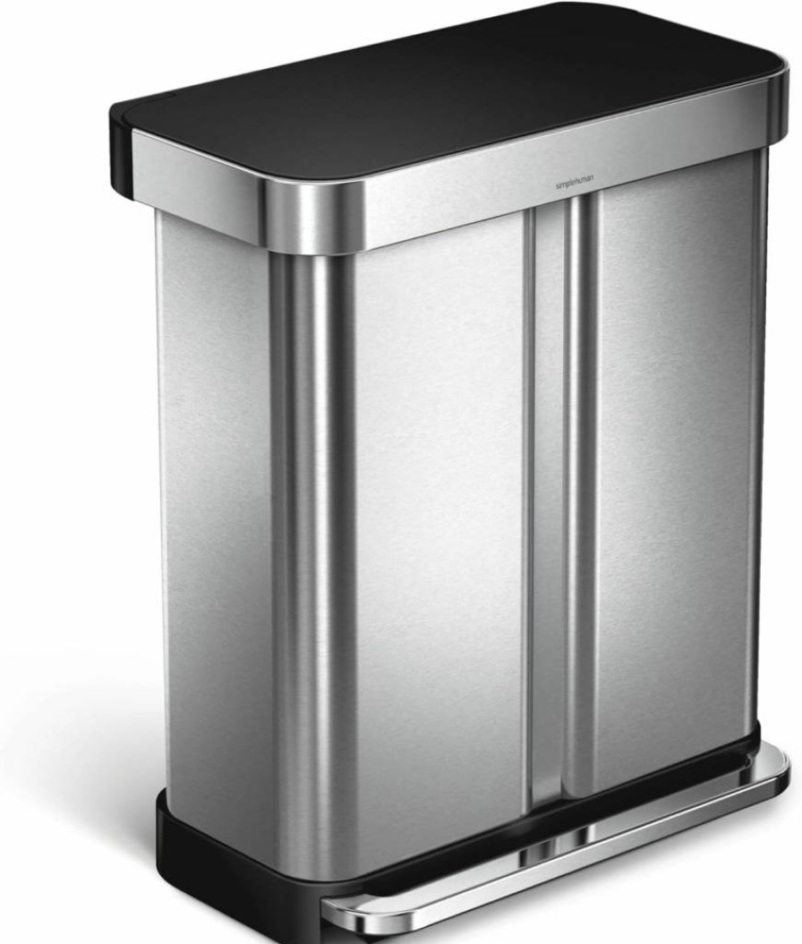 Simplehuman 45L / 12 Gallon Rectangular Step Trash Can with Soft-Close Lid, Brushed Stainless Steel & Plastic Lid, Hands-Free Kitchen Bin