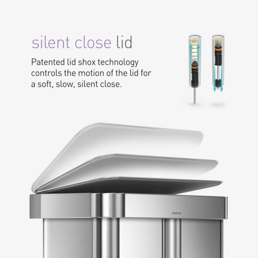 Simplehuman 45L / 12 Gallon Rectangular Step Trash Can with Soft-Close Lid, Brushed Stainless Steel & Plastic Lid, Hands-Free Kitchen Bin