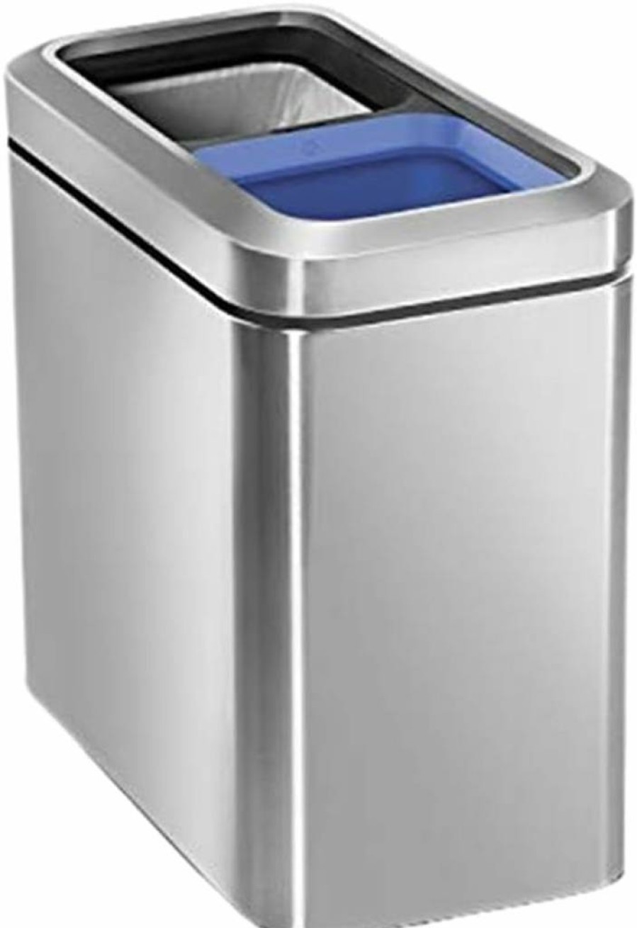 Simplehuman 20L Dual Compartment Slim Recycling Bin, 5.3 Gallon Commercial Stainless Steel Trash Can in White