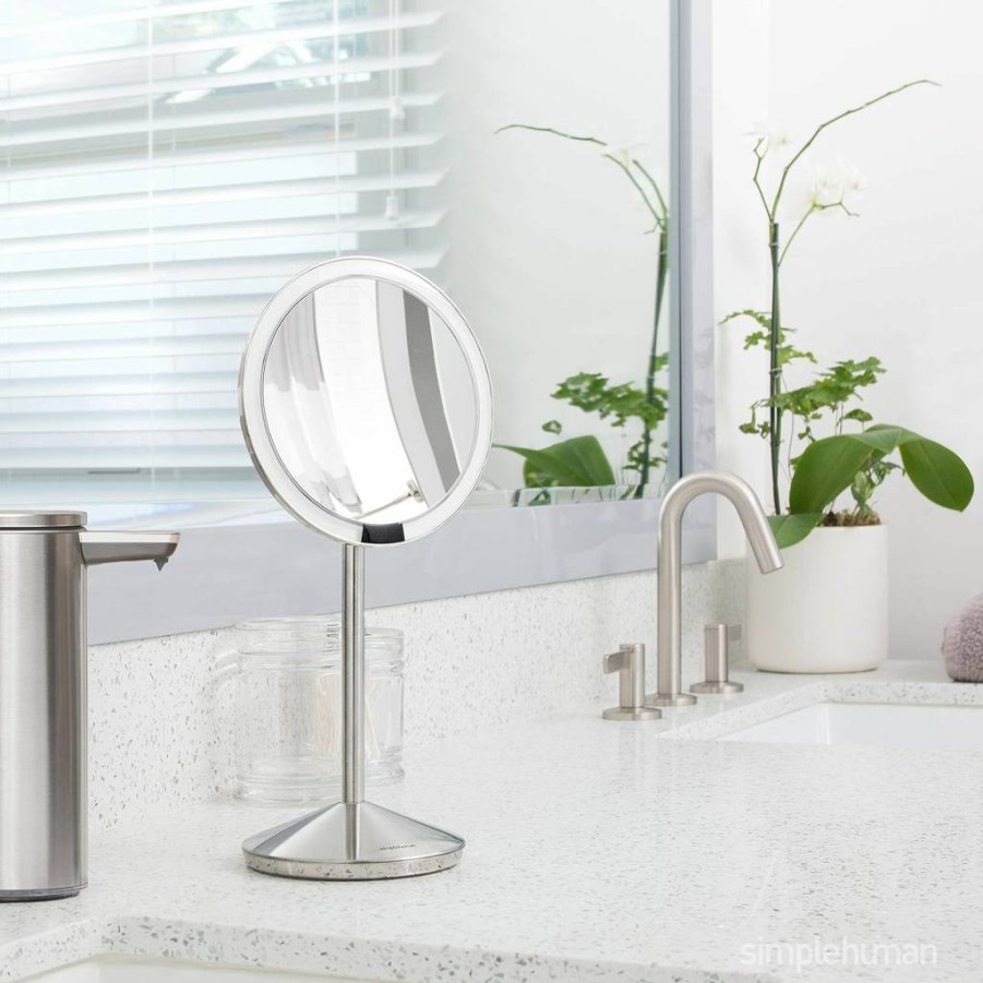 Simplehuman 5" Rechargeable Travel Makeup Mirror with 10X Magnification - Brushed Stainless Steel Sensor Mirror for Precision Beauty