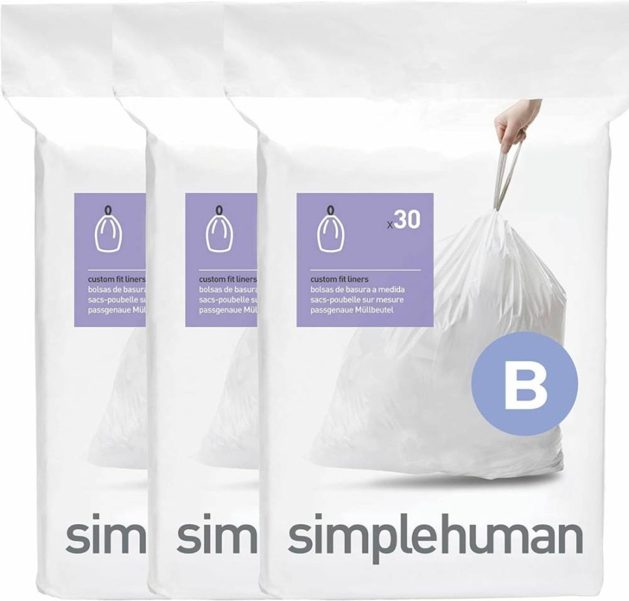 Simplehuman Code B Custom Fit Trash Bag Liners, 90 Count Dispenser Pack, 6L / 1.6 Gallon Drawstring White Trash Bags for Simplehuman Bins
