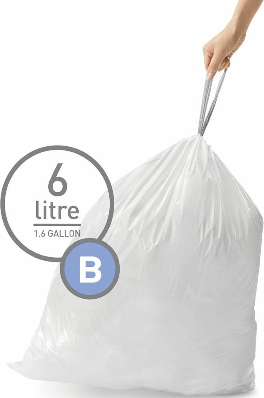 Simplehuman Code B Custom Fit Trash Bag Liners, 90 Count Dispenser Pack, 6L / 1.6 Gallon Drawstring White Trash Bags for Simplehuman Bins
