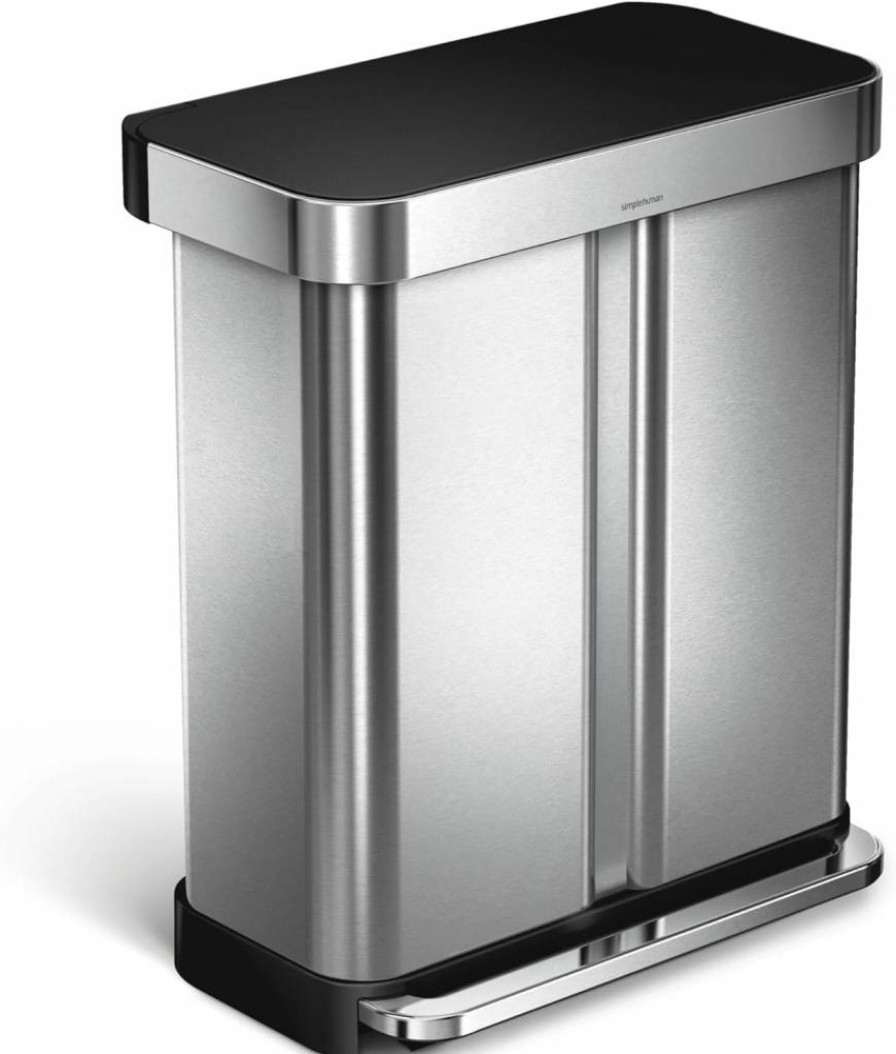 Simplehuman 15.3 Gallon Dual Compartment Step Trash Can with Soft-Close Lid, Brushed Stainless Steel Rectangular Recycling Bin for Kitchen