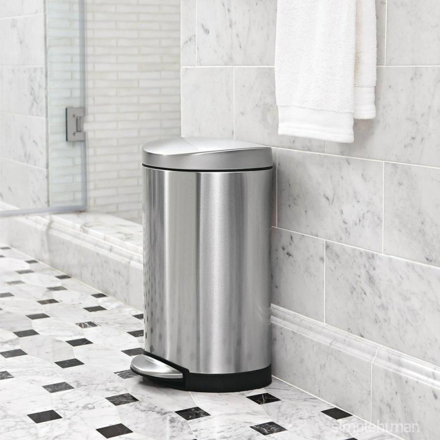 Simplehuman 1.6 Gallon Semi-Round Stainless Steel Step Trash Can for Bathroom, White
