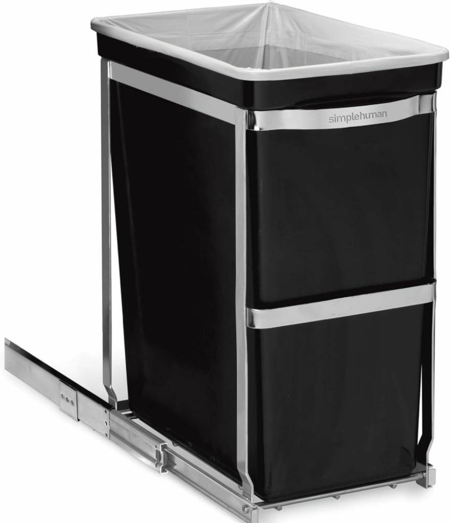 Simplehuman 35L Dual Compartment Pull-Out Recycling Bin & Trash Can for Under Counter Cabinet, Chrome