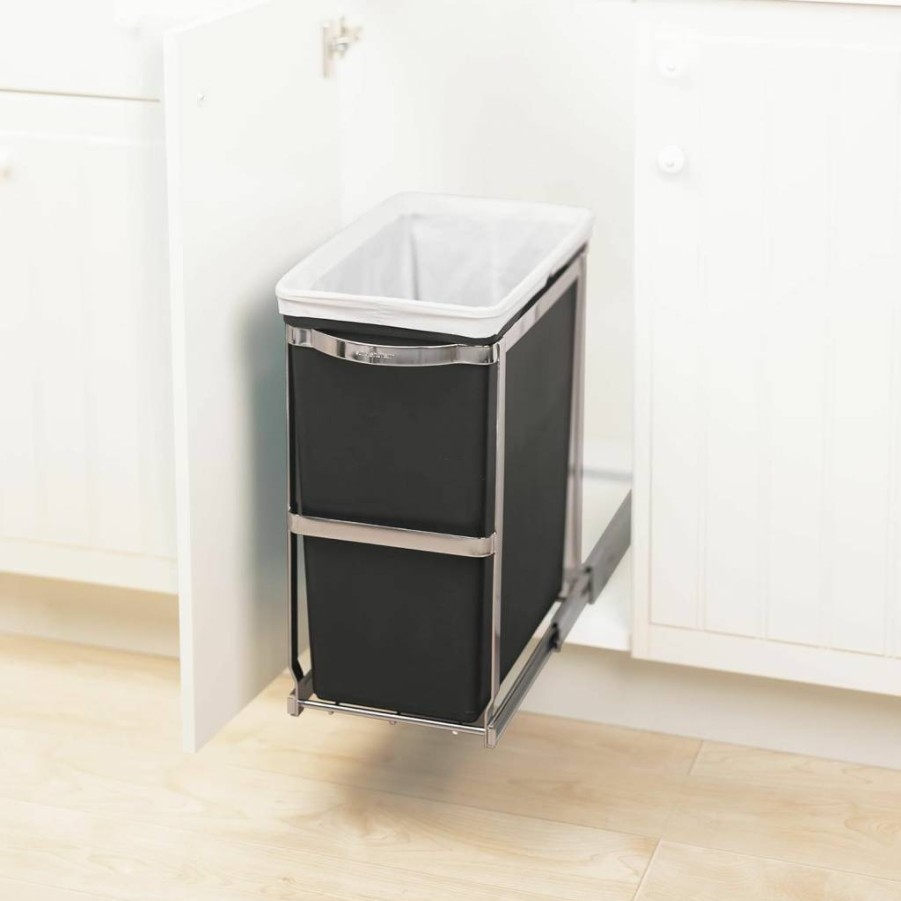 Simplehuman 35L Dual Compartment Pull-Out Recycling Bin & Trash Can for Under Counter Cabinet, Chrome