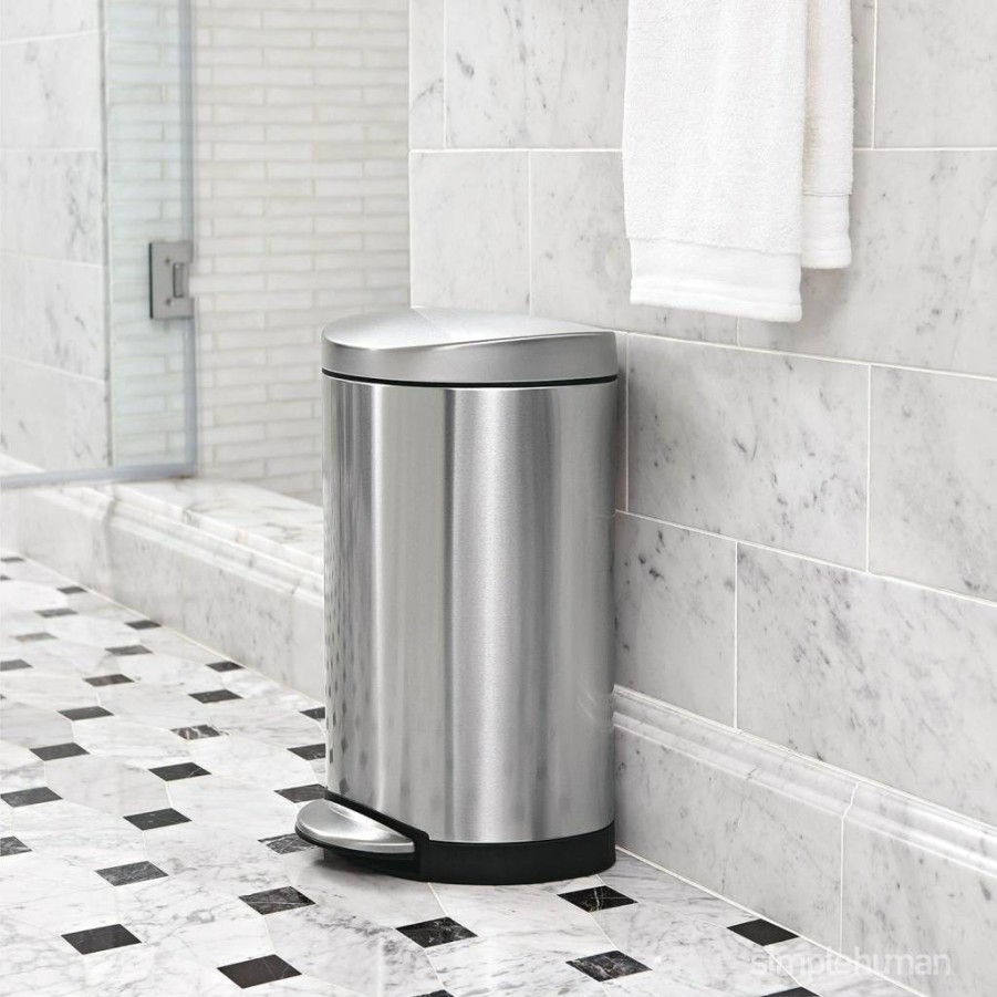 Simplehuman 6L / 1.6 Gal Brushed Stainless Steel Step Trash Can for Bathroom, Semi-Round Design