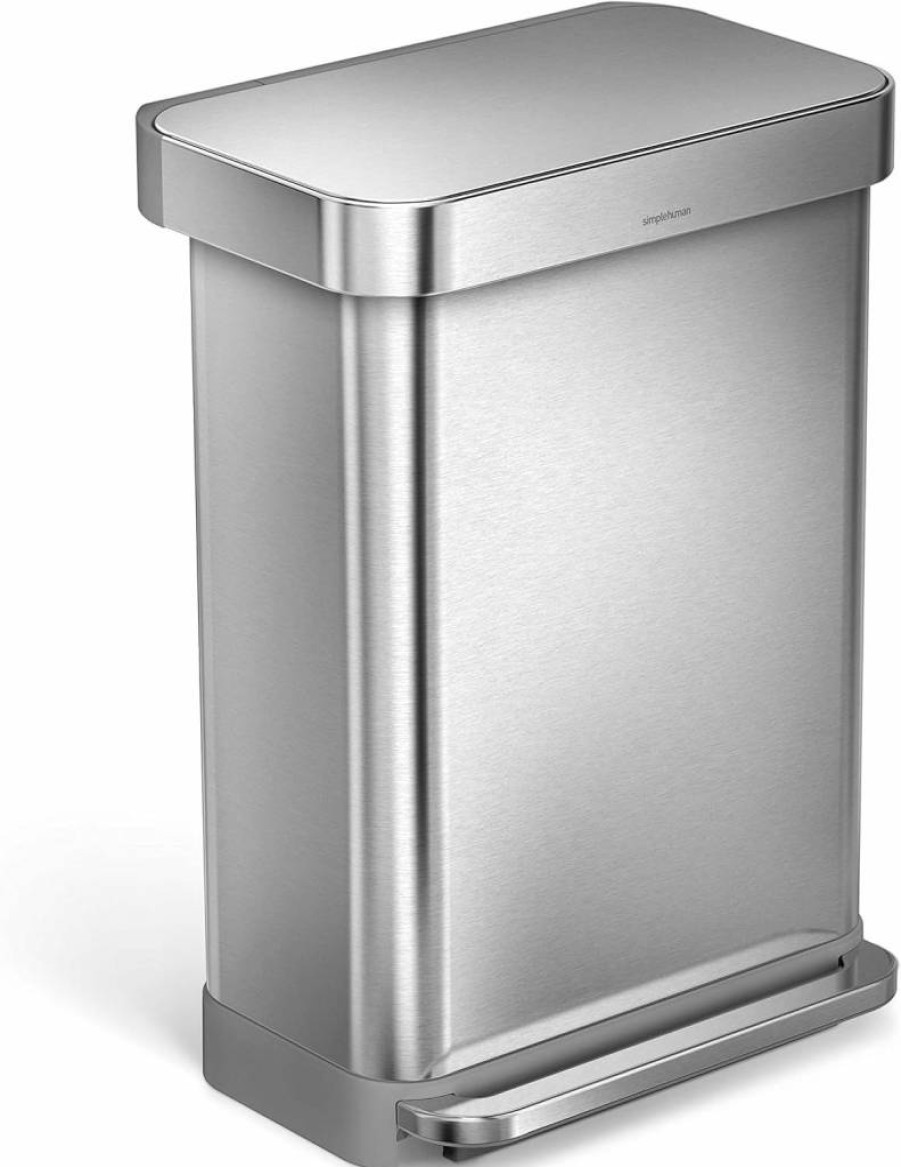 Simplehuman 15.3 Gallon Brushed Stainless Steel Step Trash Can with Soft-Close Lid, Dual Compartment for Kitchen Recycling