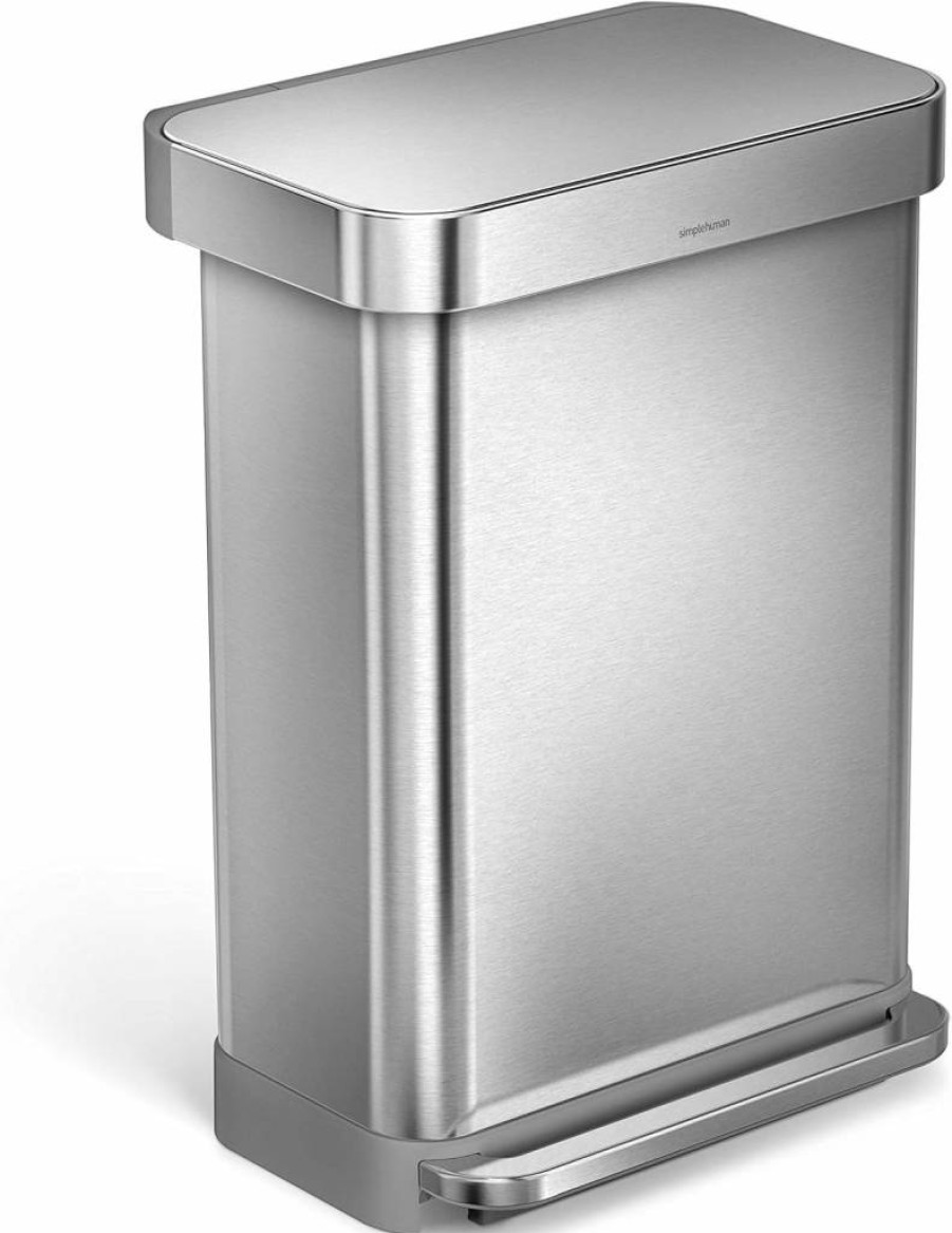 Simplehuman 45L Rectangular Step Trash Can with Soft-Close Lid, Brushed Stainless Steel Kitchen Bin