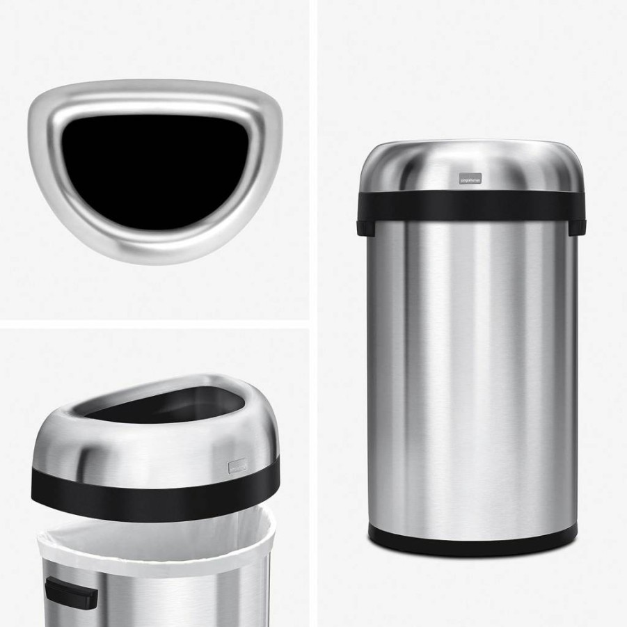 Simplehuman 60L / 15.9 Gal Commercial Heavy-Duty Brushed Stainless Steel Trash Can, Semi-Round Open Top Design