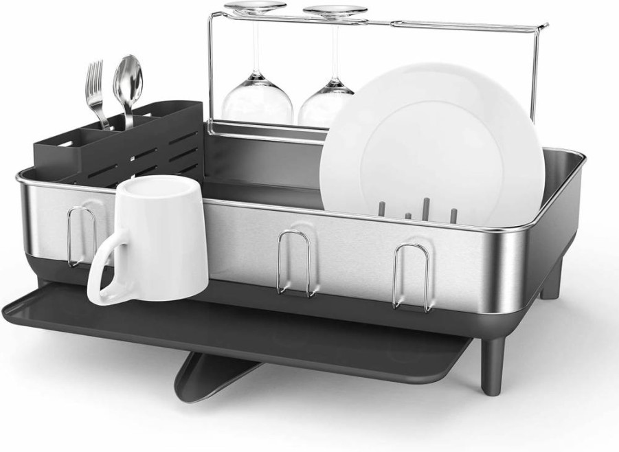 Simplehuman White Compact Dish Drying Rack with Stainless Steel Frame, 360° Swivel Spout, Utensil Holder & Anti-Residue Coating for Efficient Moisture Control