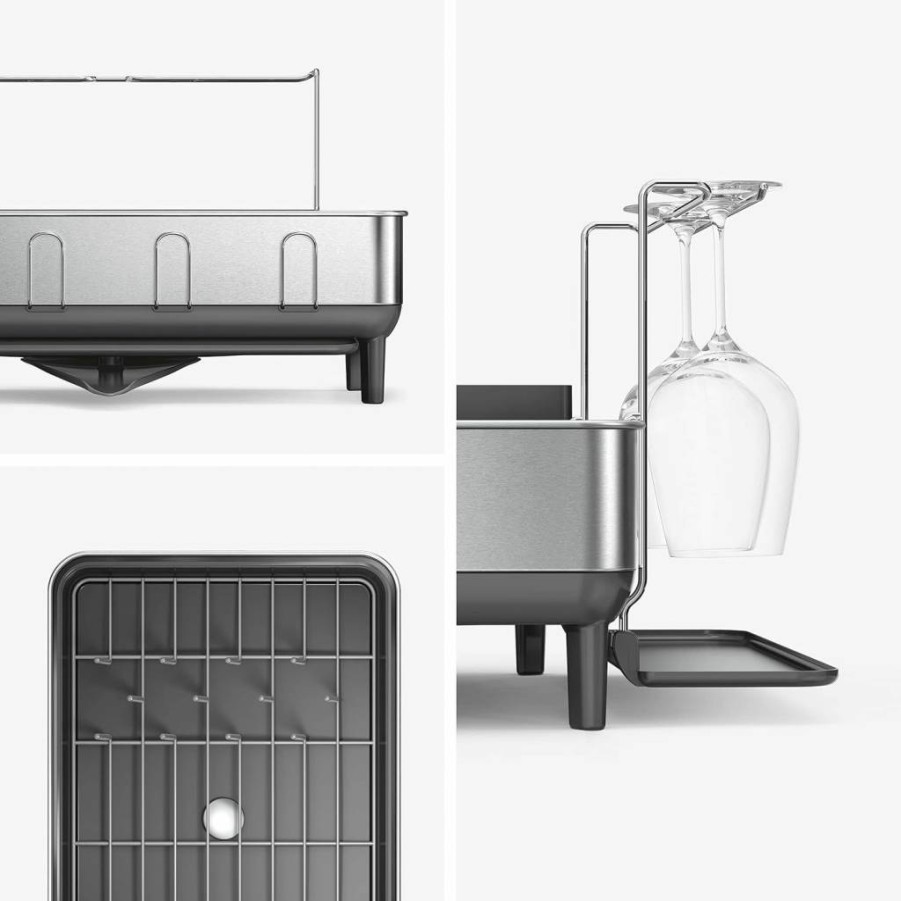 Simplehuman White Compact Dish Drying Rack with Stainless Steel Frame, 360° Swivel Spout, Utensil Holder & Anti-Residue Coating for Efficient Moisture Control