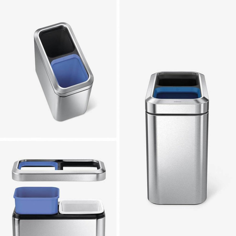 Simplehuman Slim Brushed Stainless Steel 20L Dual Compartment Recycling Bin for Office, Commercial Grade Small Trash Can with Open Top