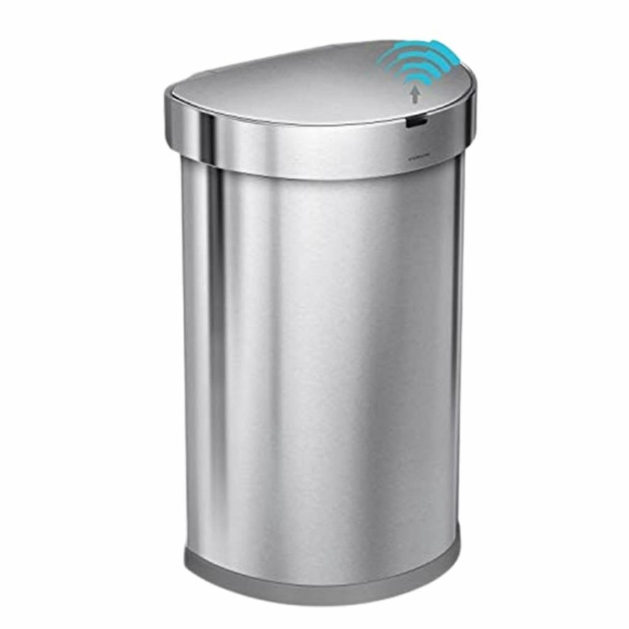Simplehuman 60L Brushed Stainless Steel Hands-Free Kitchen Step Trash Can with Soft-Close Lid, Semi-Round Design